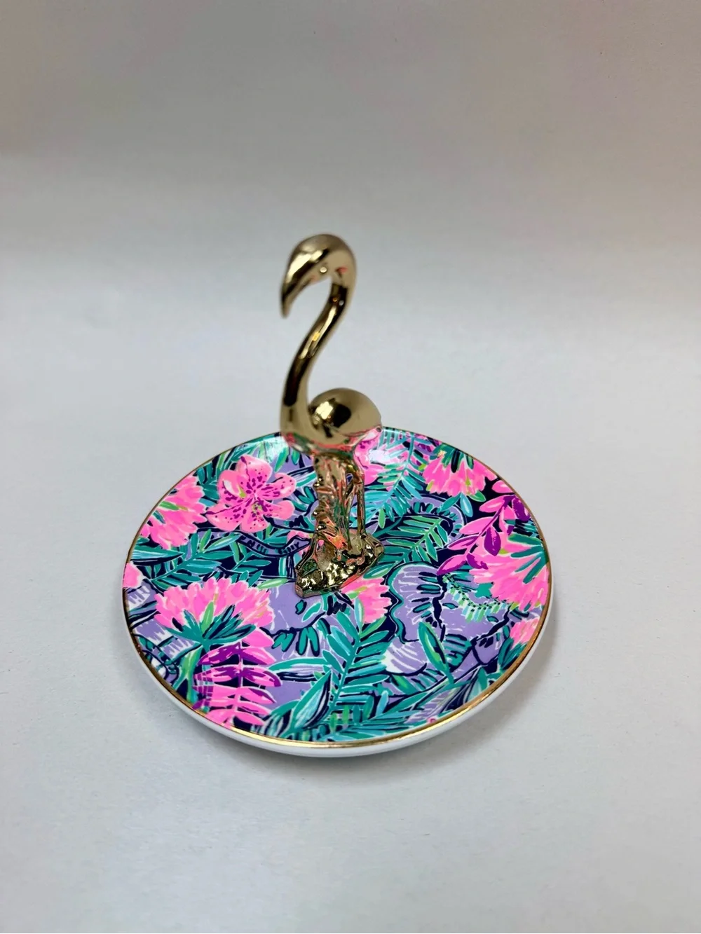 Lilly Pulitzer Flamingo Painted Palm Ring Holder Porcelain Round Dish Trinket